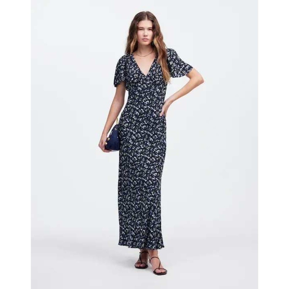 Madewell Seamed Flutter Sleeve Maxi Dress Navy Floral V-Neck NU512 Size 0